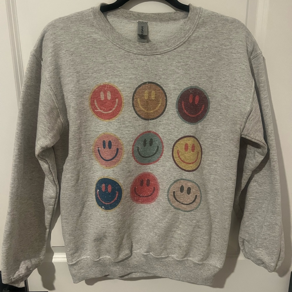 Gildan Gray Crewneck Sweater with Colorful Smiley Faces
